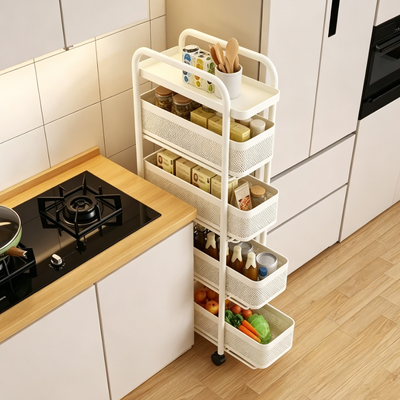 quality  5-Tier Extendable Gap Storage Organizer | Carbon Steel + PP Composite Material & Cream White / Black Dual Colors factory