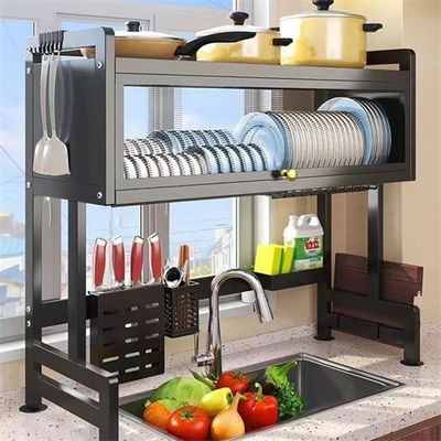 Carbon Steel Thickened Water Tank Sink Drain Rack  Large Capacity Black Over The Sink Dish Rack