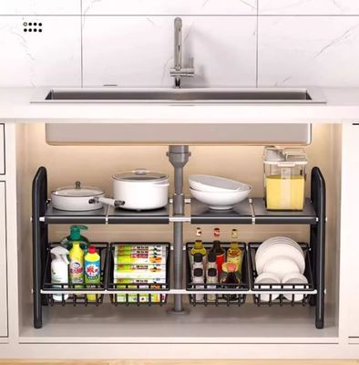 Freely Telescopic Under-sink Storage Rack with Flexible Shelves and Thickened Iron Material for Kitchen Space Utilization