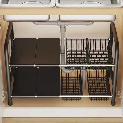 Freely Telescopic Under-sink Storage Rack with Flexible Shelves and Thickened Iron Material for Kitchen Space Utilization